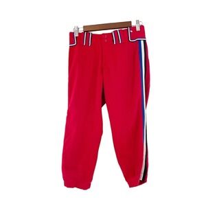 Boombah Youth Red Baseball Pants Size 30 Blue White Stripes Elastic Hem Athletic
